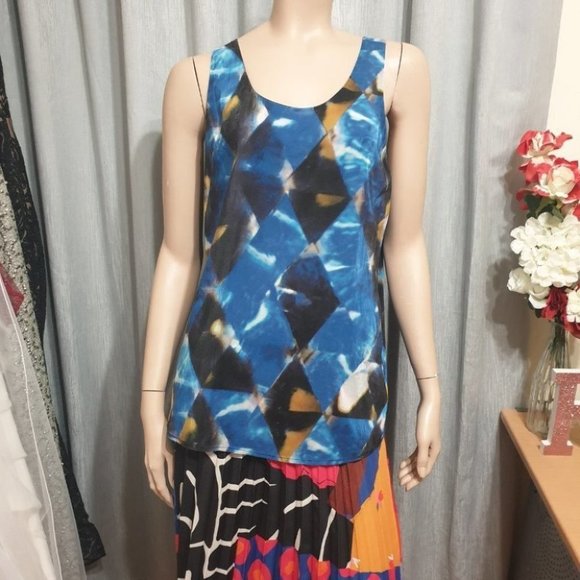 SABA AU-12 Blue/Black Abstract Sleeveless Top Scoop Neck Viscose/Silk Good Condi - Picture 4 of 11